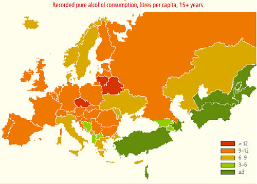 Fejenkénti alkoholfogyasztás Európában a 15 éves és annál idősebb lakosság körében